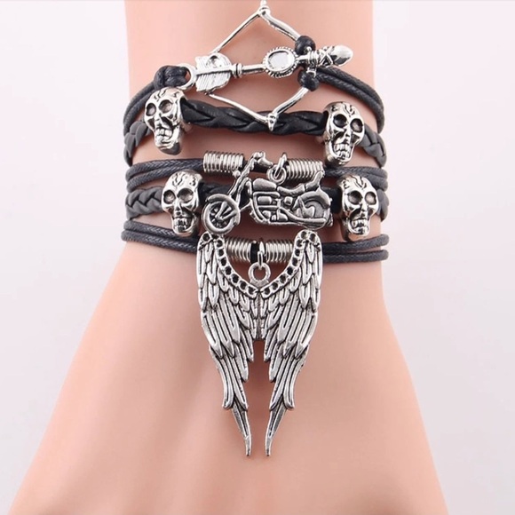 Punk Men Bracelet Arrow Skull Angel Wing Biker Charm PU Leather wrap bracelet - Picture 2 of 6